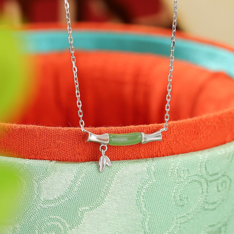 S925 Sterling Silver Gold Plated Hotan Jade Jasper Bamboo Necklace
