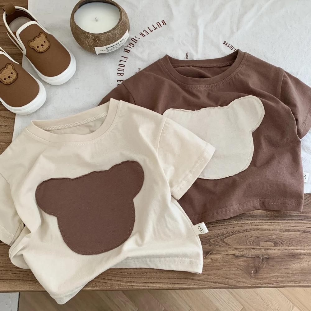 Футболка с героями мультфильмов, детские хлопковые топы с милой нашивкой в ​​виде медведя для девочек, модная спортивная рубашка для мальчиков, детская летняя одежда для детей 0–6 лет