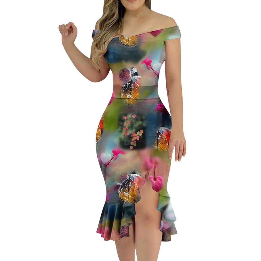 Женское сексуальное платье с открытыми плечами и принтом, плотное платье с нерегулярной нижней частью