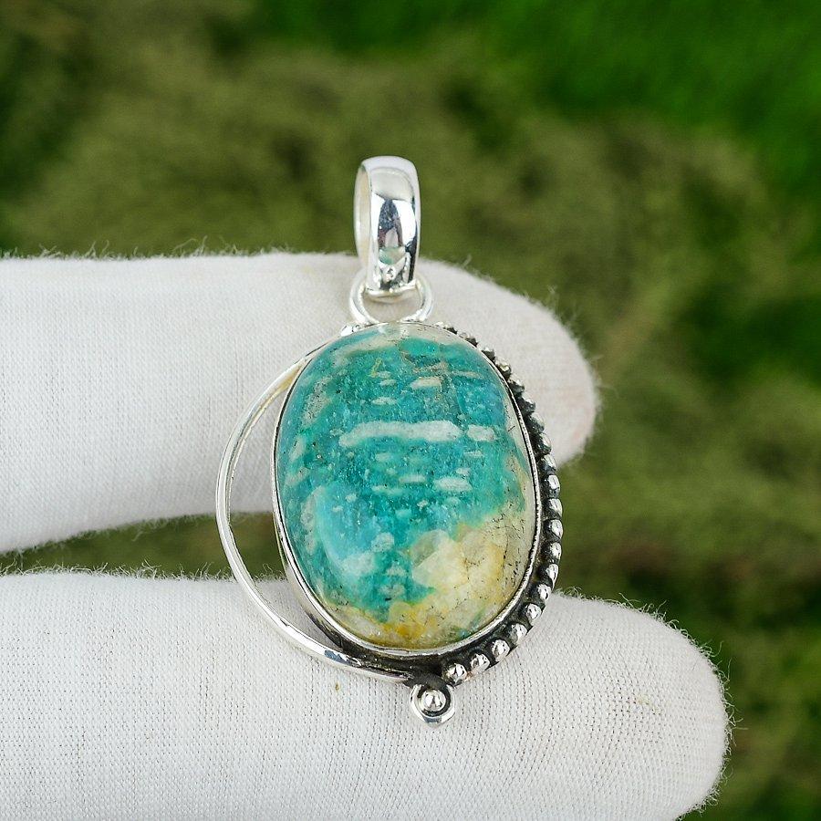 Natural Amazonite Gemstone Indian Jewelry 925 Sterling Silver Pendant For Women