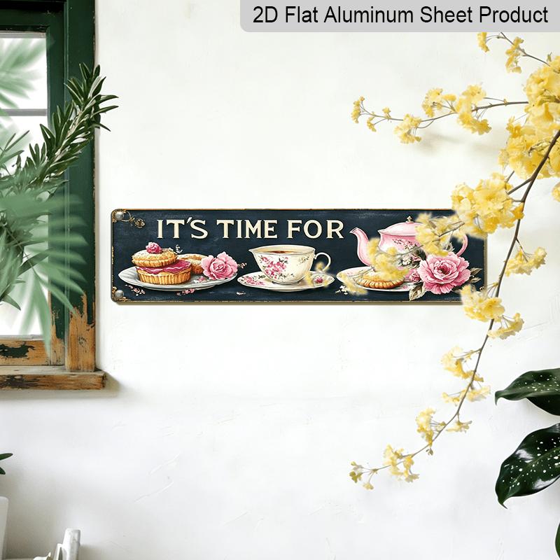 2D Flat - Vintage Aluminium Decorative Sign with The Phrase 'Tea Time' in A Pink Floral Design, Suitable for Wall Decoration in Kitchens, Dining