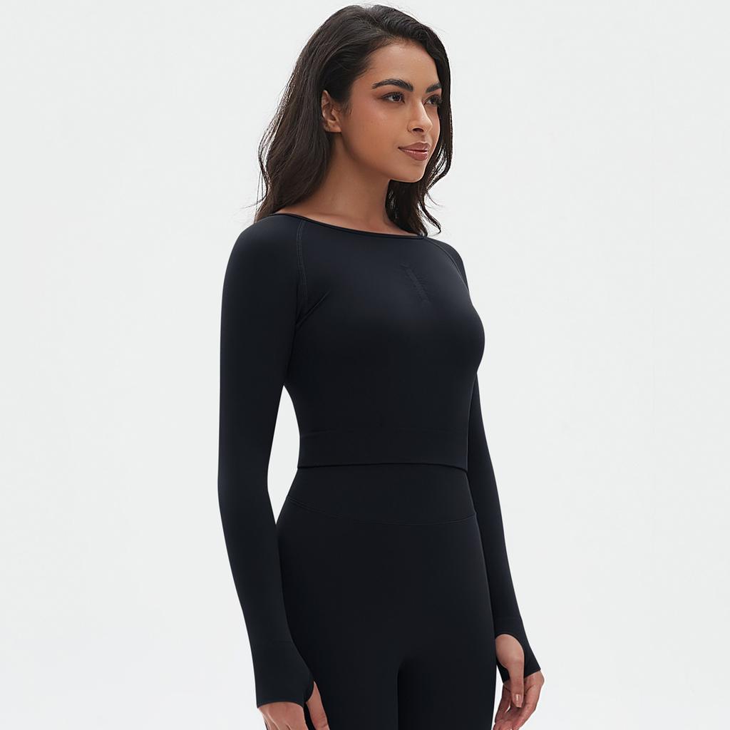 Seamless Knitted Solid Color Peach Tight T-shirt Top Fitness Exercise Yoga Clothing Moisture Absorbing Body Shaping Long Sleeve Women