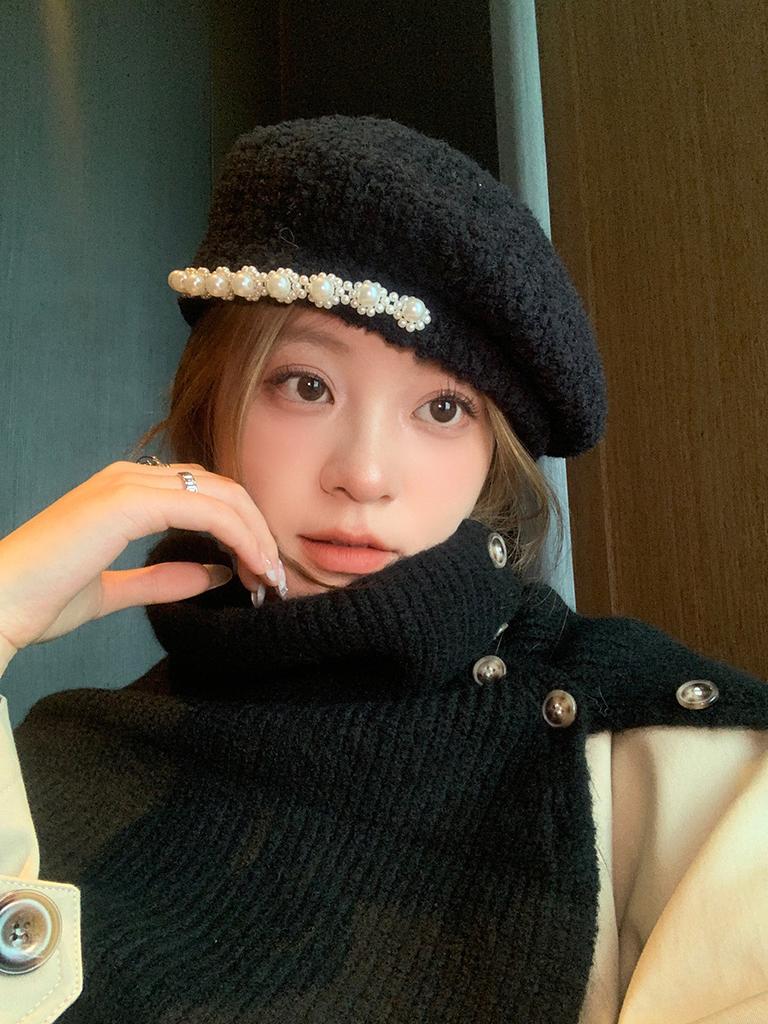 Lamb Wool Winter Top Hat Sweet Pearl Wool Beret Temperament Casual Face Little Painter Hat