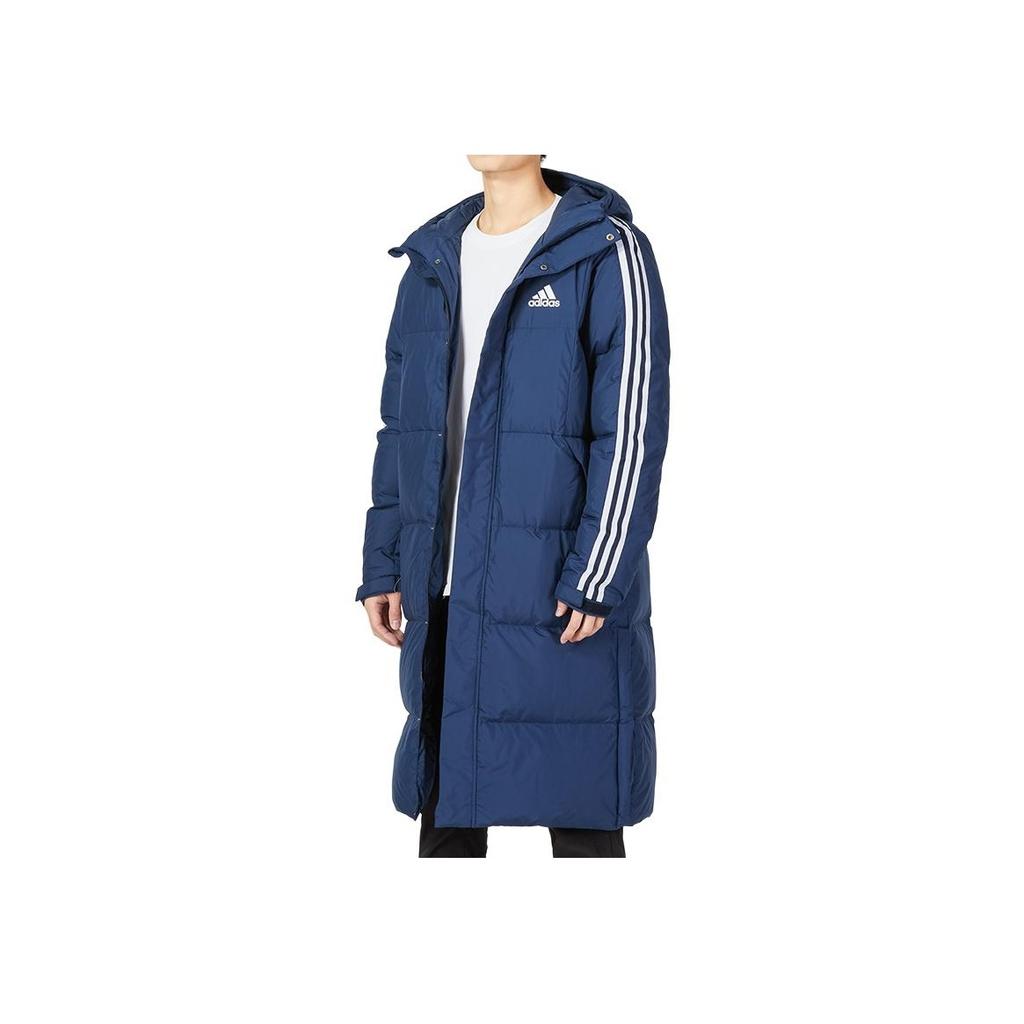 Adidas Solid Color Print Logo Zip Hooded Down Jacket Unisex Outerwear Navy-Blue HN2101