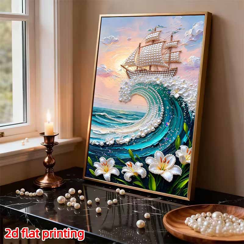 Набор для DIY-живописи жемчугом без рамы Парусник Волна 3D Блестящее жемчужное искусство Холст Расслабляющее творческое рукоделие для декора стены дома Подарок