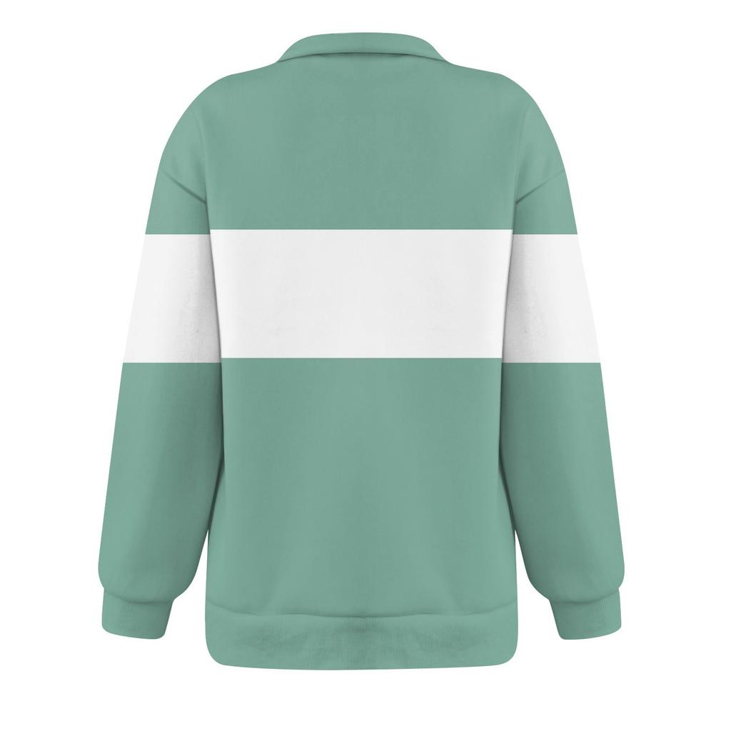 Women's Casual Loose Long Sleeved Patchwork Zipper Sweatshirt Top Loose Striped Sweatshirt