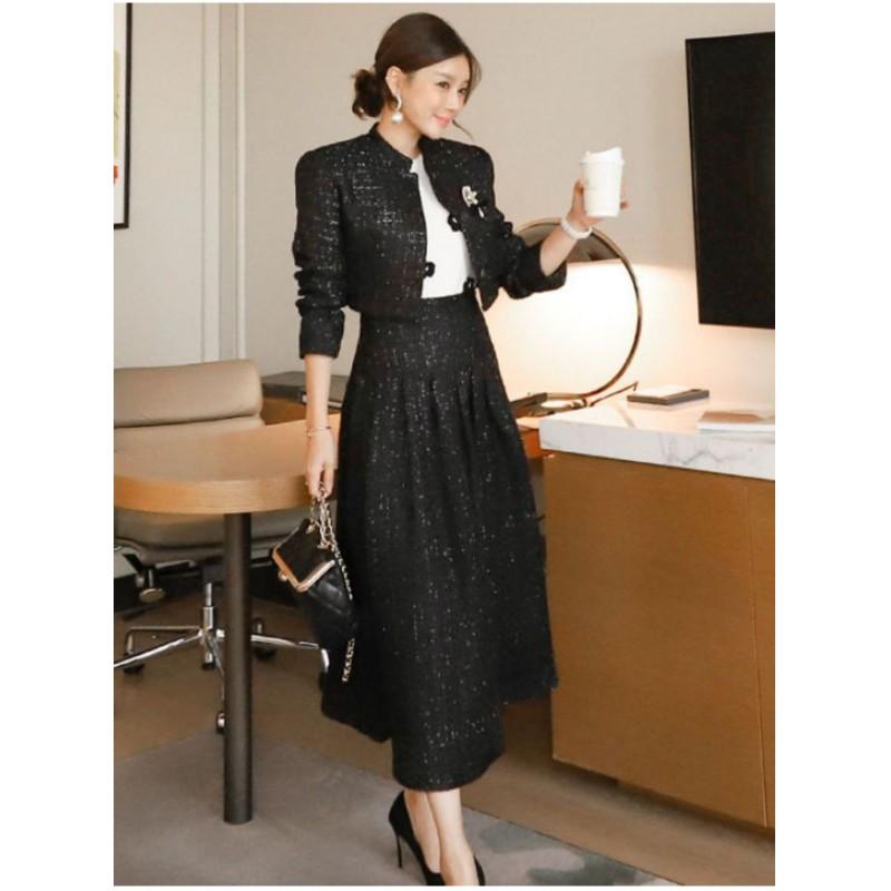 Женский комплект на весну и осень, темпераментный и элегантный, короткий твидовый жакет + утягивающая талию широкая юбка-солнце, комплект из двух предметов
