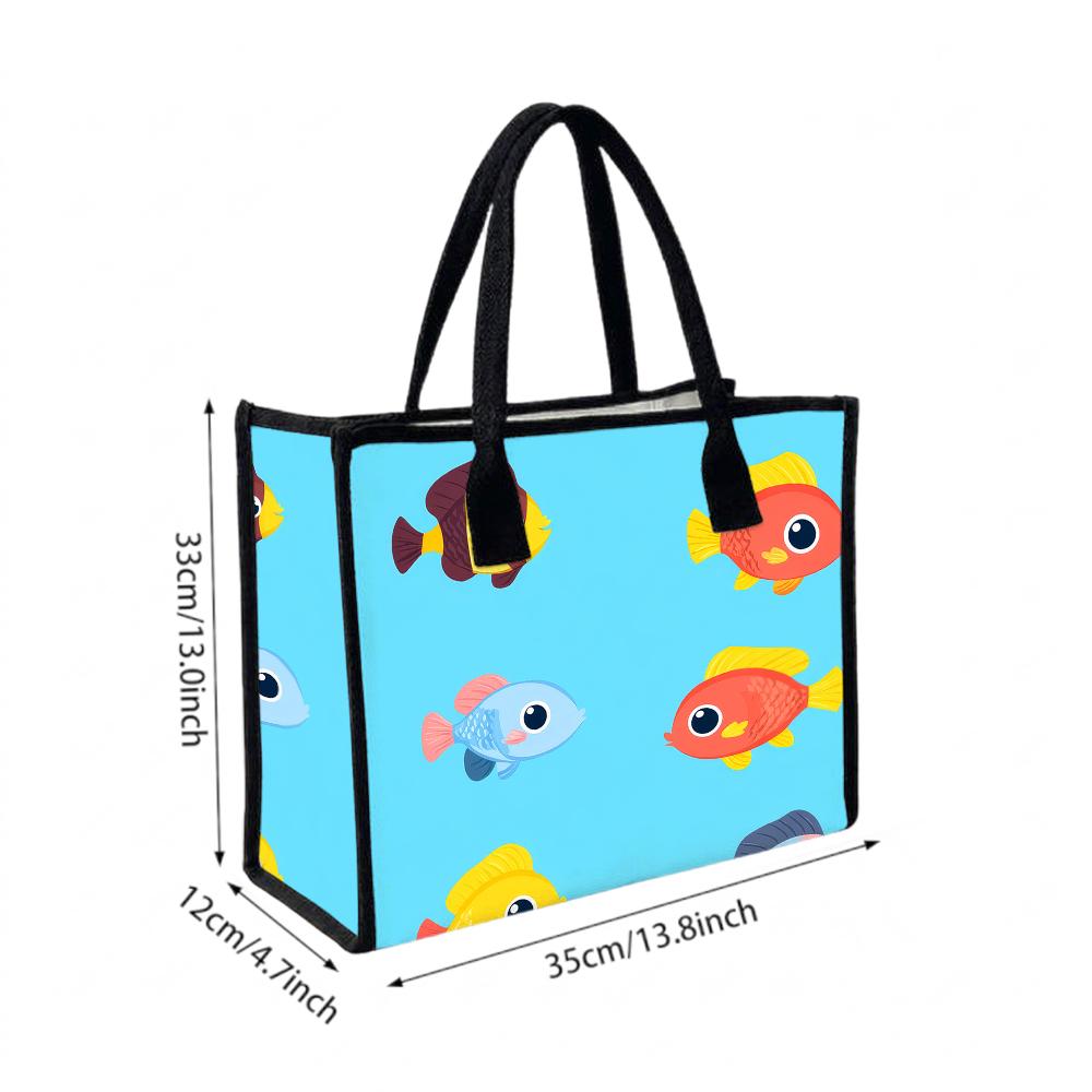 Cute Cartoon Fish Print Tote Bag Large Capacity Casual Handbag for Daily Shopping Outdoor Use