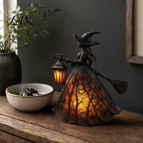 Halloween Witch Light Lamp Decoration, Gothic Holding Lantern Light, Tabletop Spooky Night for Holiday Party Decor