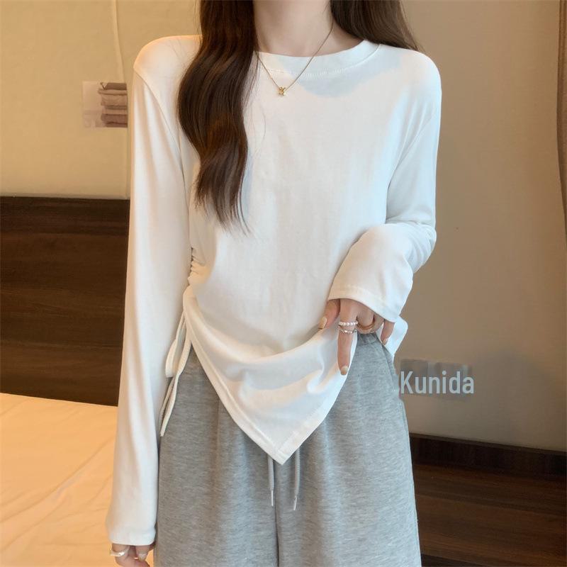 Корейская весна 2025 женская универсальная футболка с длинным рукавом и завязками, нестандартный дизайн, облегающий крой