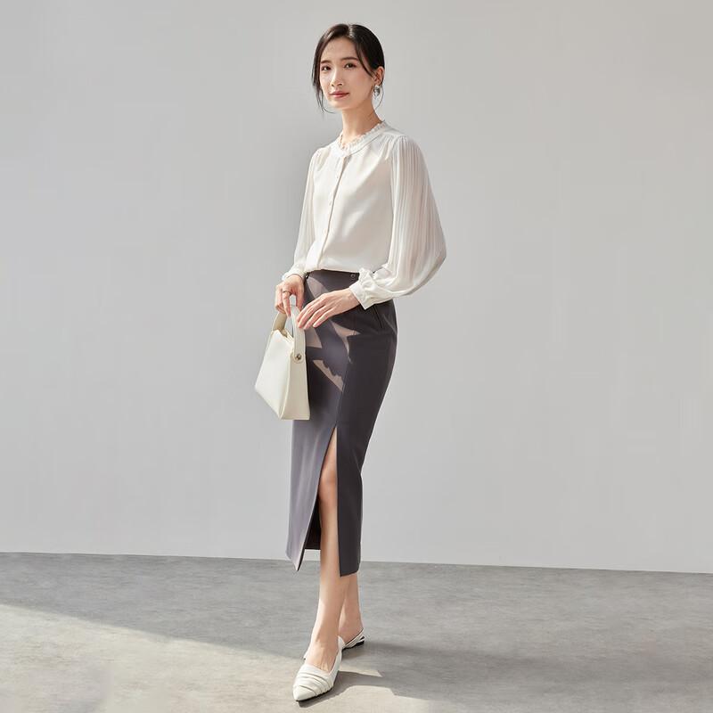 Sentubila Elegant Ruffle Collar Blouse for Women, Autumn New Style Pleated Long-Sleeve Shirt, Fashionable Office Wear Loose-Fitting Slimming Top
