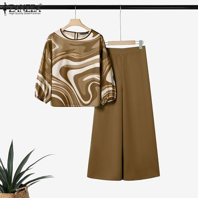 Женский повседневный комплект из двух частей: блузка с длинным рукавом и брюки с принтом