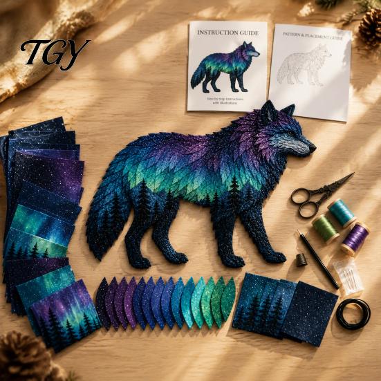 Artistic Fabric Patchwork Kit Northern Lights Wildlife Kit, DIY Animal Craft Creative Wall Hanging Sewing Project for Adults, Handmade Home