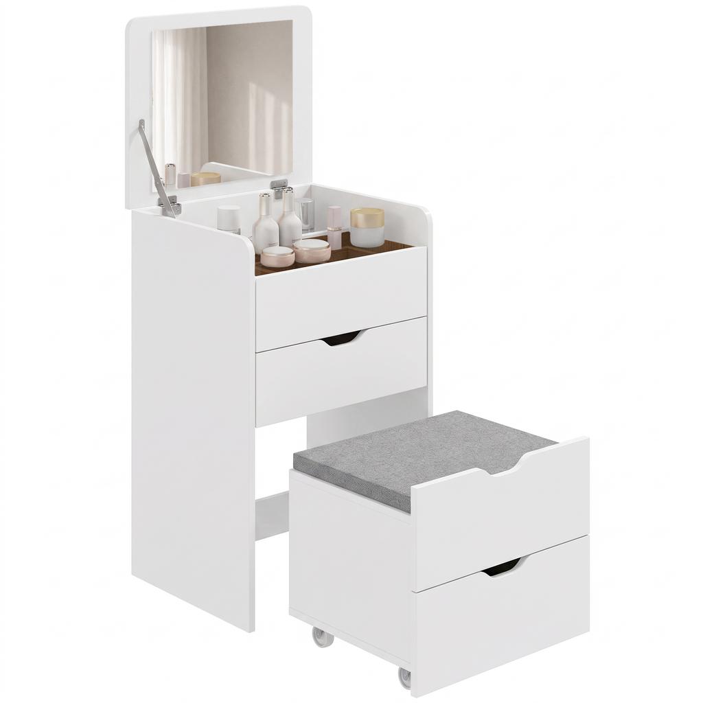 3 In 1 Makeup Station Flip Mirror Stool White
