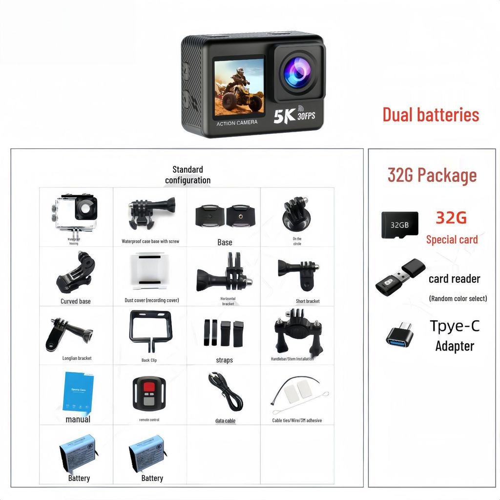 5K HD Sports Camera with Image Stabilization, Dual Color Screen & WiFi Remote for Outdoor Cycling
