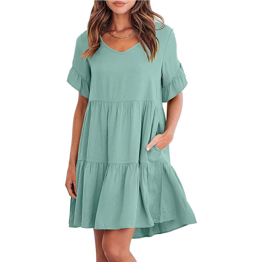 Women's Dress Summer Casual V-Neck Babydoll Pleated Dresses