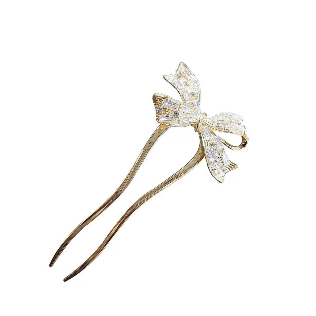 1PC New Butterfly Bow Golden Zircon U-shaped Hairpin for Women, Back of the Head, Dish Hairpin, Daily Modern Hair Accessories