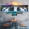 Mountain Waterfall Sunset Sunshine Canvas 5 Piece Five Panel Print Modern Wall Art Poster Picture Home Decor Gift For Him For Her