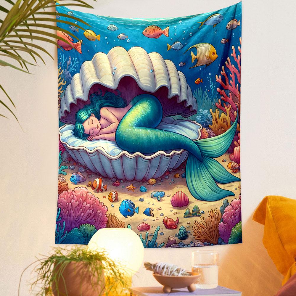 Mermaid Sleeping in Seashell Underwater Patterned Tapestry Decorative Wall Hanging, Home Bedroom Living Room Decor