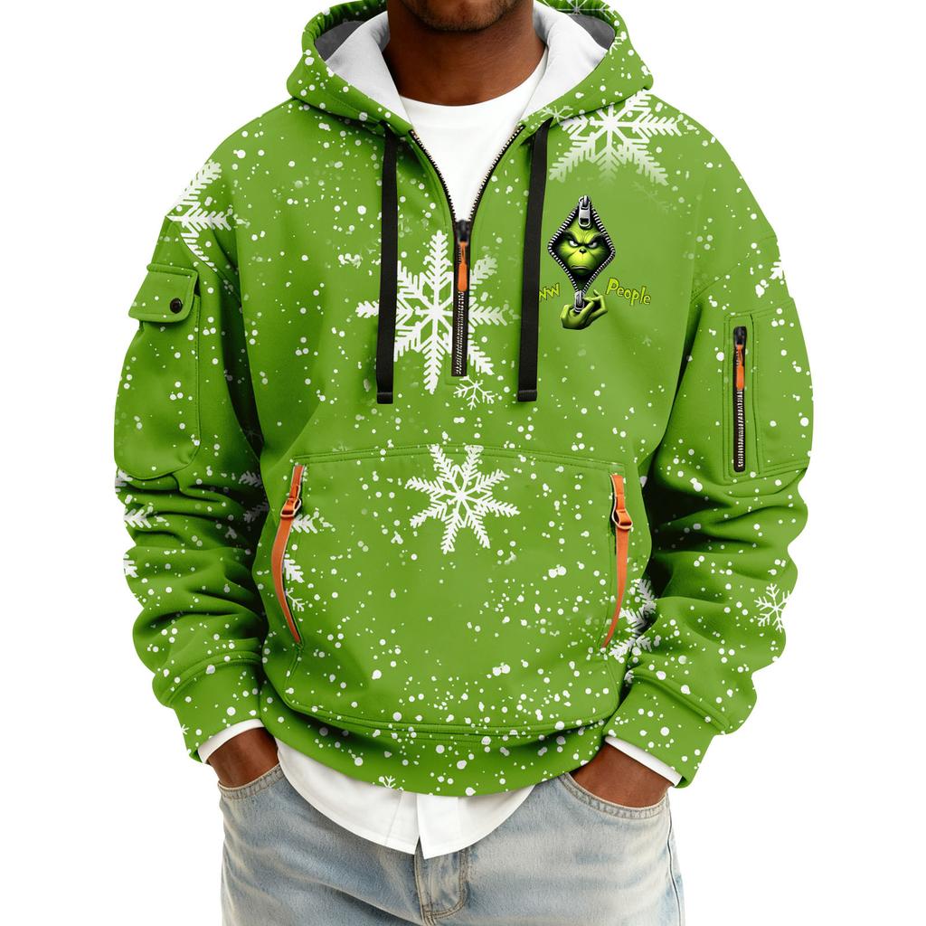 Men's Christmas Print Hooded Half-Zip Casual Sports Sweatshirt