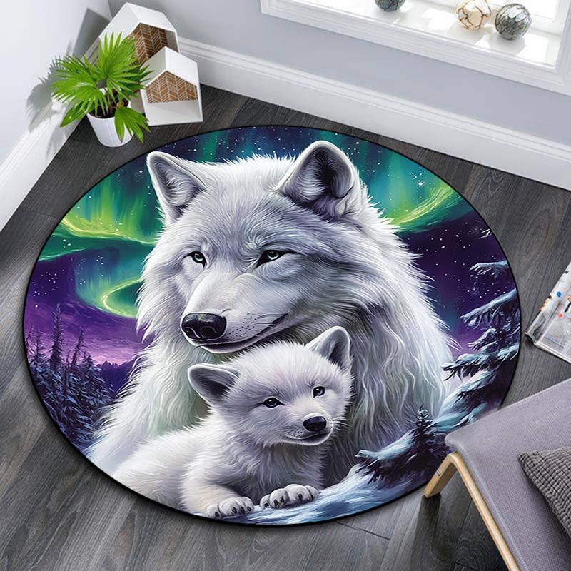 White Wolves Round Area Rug,Carpet Rug for Living Room Bedroom Sofa Playroom Decor,Non-slip Floor Mat