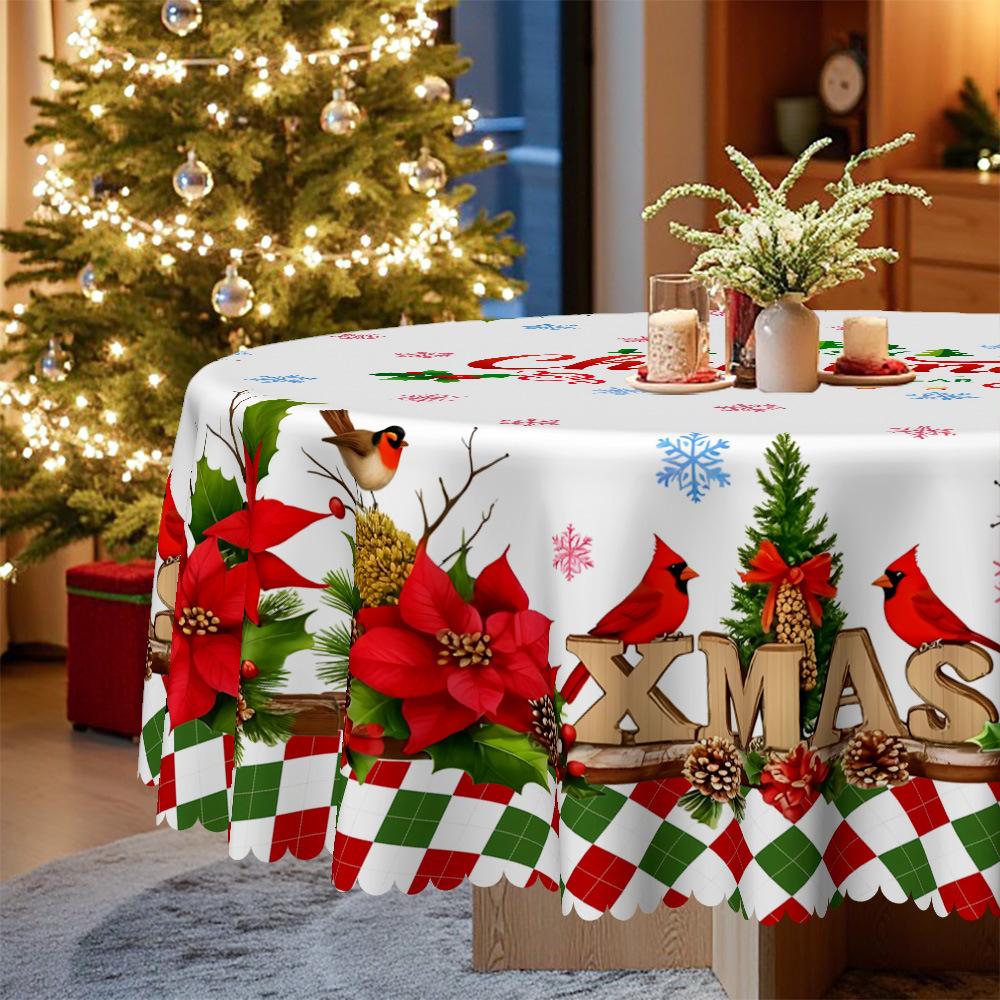 Christmas Table Cloth, Light Luxury And Retro, Flower And Bird Printing, Waterproof And Oil-Proof Leave-In, Christmas Table Decoration