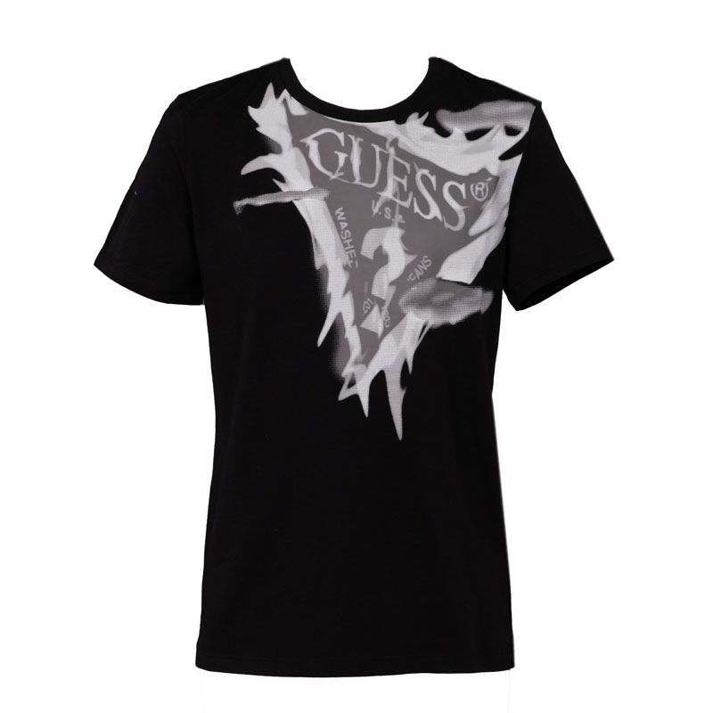 Black Cotton T-shirt with Black and White Print Short Sleeves Child GUESS