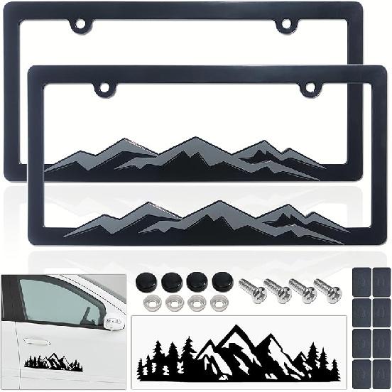 BGGTMO Рамки для номерных знаков с горами - Белый на черном рельефный рисунок горы, Пластиковый черный держатель для автомобильных номеров с колпачками для винтов, 2 упаковки 2-отверстия с