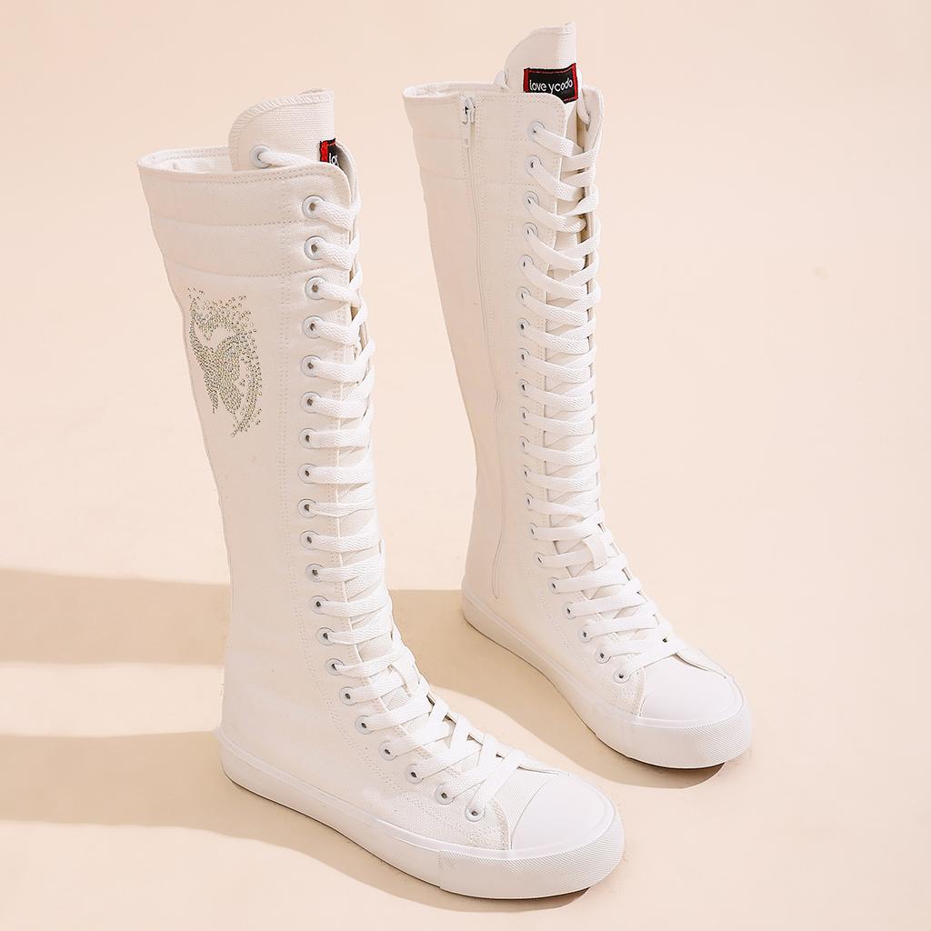 Женские длинные ботильоны до щиколотки, модные и удобные парусиновые сапоги до середины икры для девочек, подходящие для посещения вечеринок и повседневных прогулок