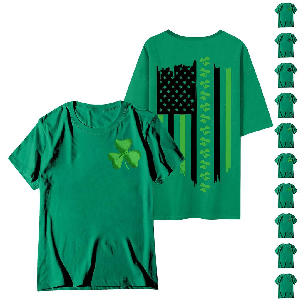 St. Patrick's Adult Green Crew-neck Short-sleeved Printed Green Three-leaf T-shirt