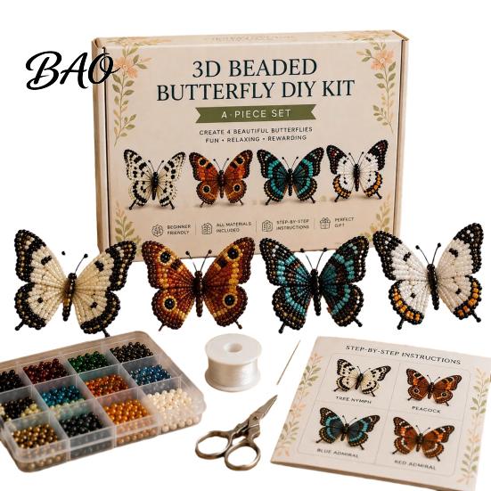 Beaded Animal Figurines 3D Butterfly Craft Kit, Tiny DIY Handmade Art Set Kit with Instruction, Cute 4-Pack Butterflies Beadwork for Beginners,