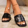 Fashion Fashion Buckle Decor Summer Slippers Women Sqaure Toe Comfort Flat Sandals for Woman Black Pu Leather Beach Slides Plus Size 43