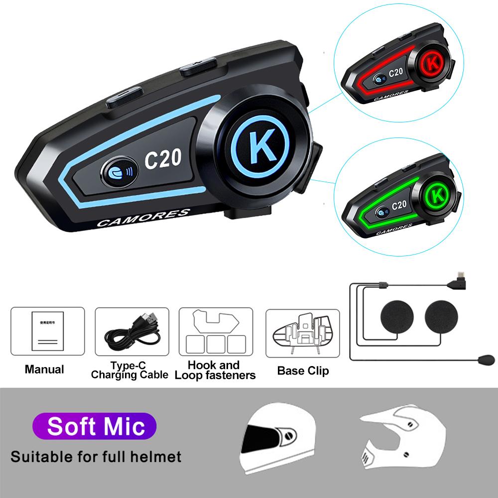 C20 Мотоциклетный шлем гарнитура стерео Bluetooth Hands Free Звонок IPX6 Водонепроницаемый 1200mAh с трехцветной подсветкой