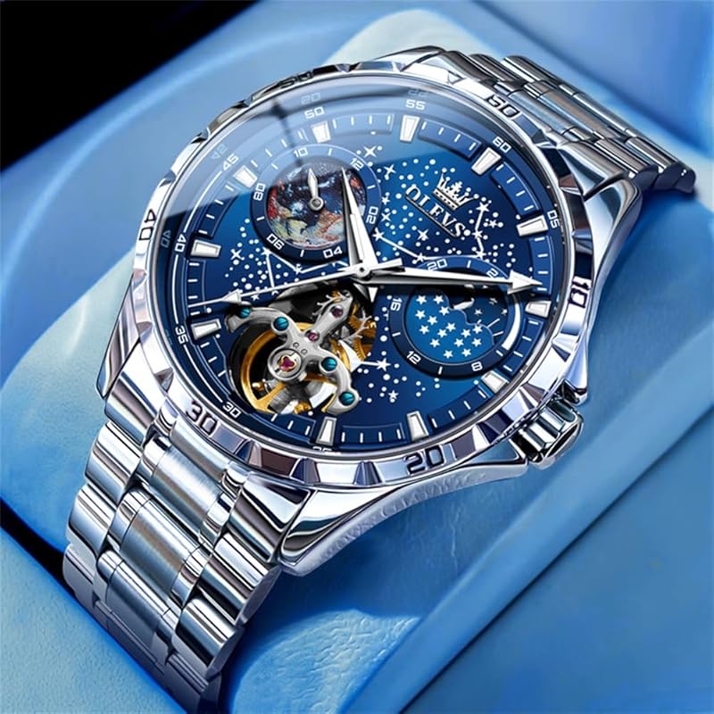 Часы OLEVS мужские механические с автоматическим заводом, циферблат со звездным небом, нержавеющая сталь, водонепроницаемые часы для мужчин, синие…