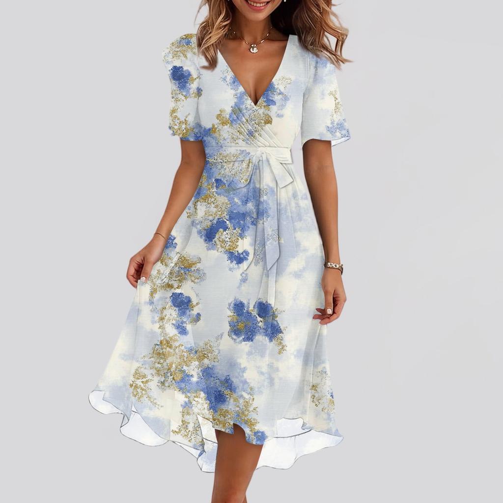 Women's Fashion Casual V Neck Short Sleeve Ruffled Vintage Printed Dresses