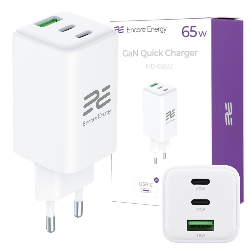 New GaN 65W USB-A + 2x USB-C QC PD Wall Charger Encore Energy MD-6583Z