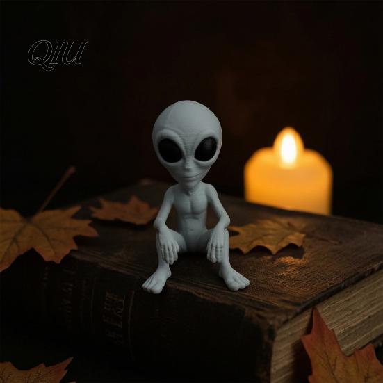 Funny Alien Sculpture 3D Printed Statue, Sci-Fi UFO Sculpture, Sitting Figurine, Mysterious Decoration Creative Ornament for Home Office Desktop
