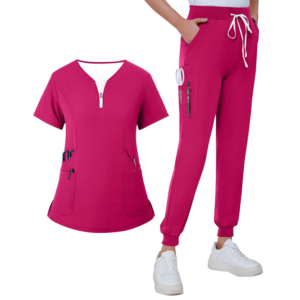 Women's Summer V-neck Zippered Loose Uniform With Pockets And Short Sleeves