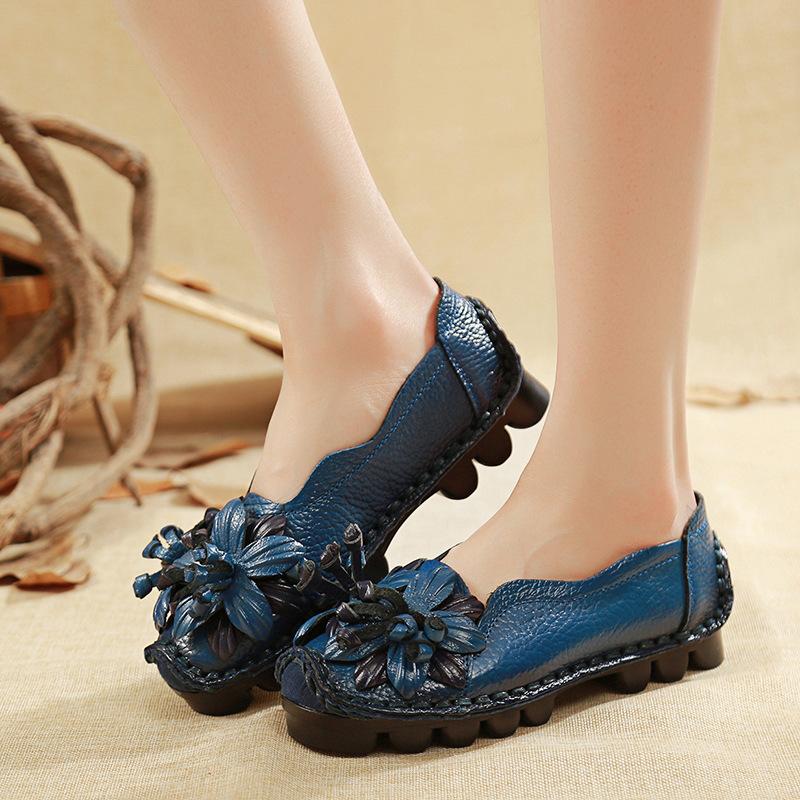 2024 новые туфли на плоской подошве из натуральной кожи, женские мокасины из натуральной кожи, сшитые вручную, гибкие женские туфли с круглым носком и принтом весенних цветов