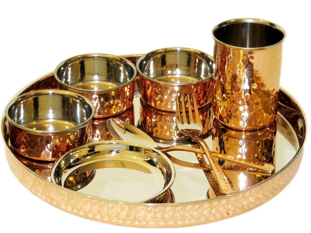 Dinner Set Copper Steel Solid Hand Made Kitchen Plate (Set Of 8 Pieces Including Fork Spoon)