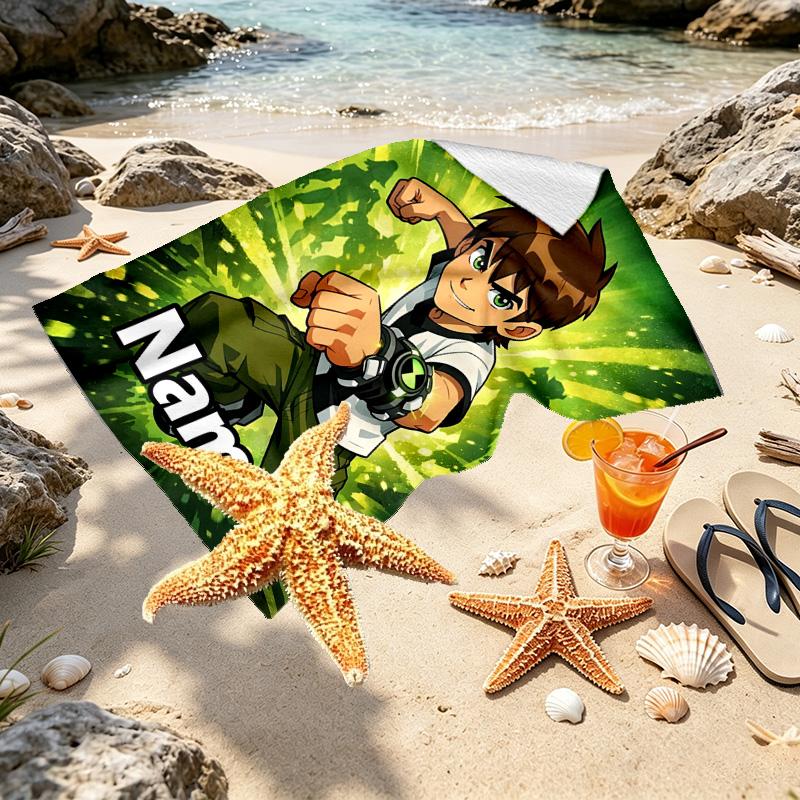 Custom Name Personalized Ben 10 Cartoon Print Beach Towel, for Trip Camping Beach Party Home Decor, Birthday Gift for Family & Friends
