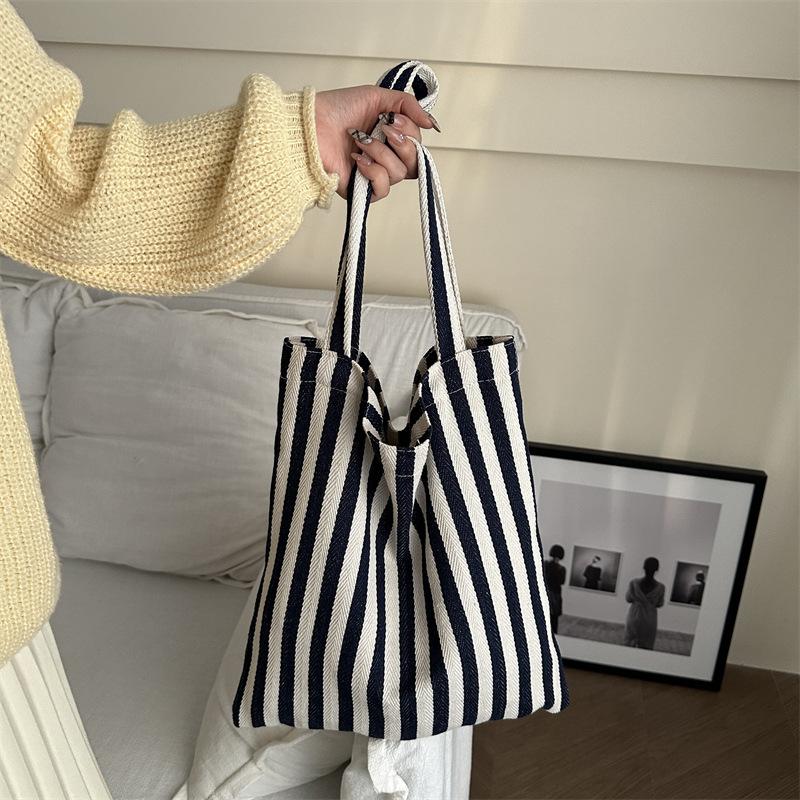 Retro Literary Handbag Simple Small Fresh Striped Canvas Bag Casual Fashion Large Capacity Shoulder Women'S Bag