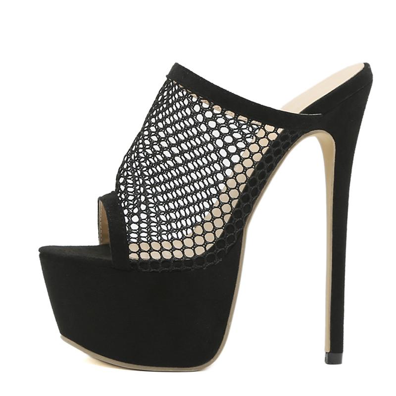Liyke/черные сетчатые тапочки на платформе с открытым носком, летние сандалии, модные женские шлепанцы без шнуровки, вечерние туфли-мюли для стриптиза