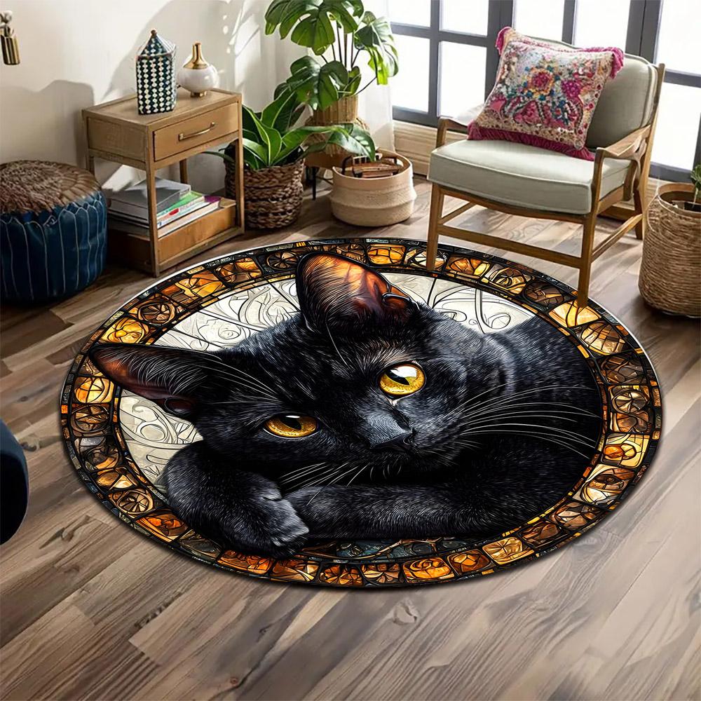 "Black Cat with Golden Eyes Design" Print round rug, living room, bedroom, playroom carpet, non slip floor mat, gift