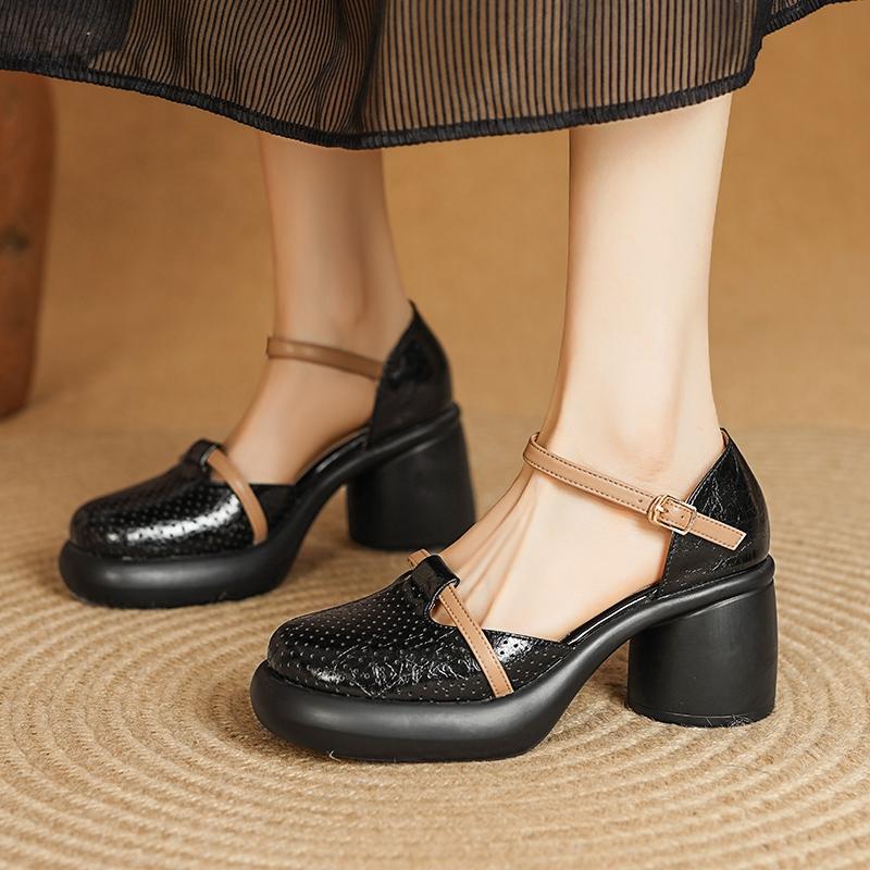 Fashion Women's New Summer Round Toe Genuine Leather Cowhide Thick Sole, Thick Heel, High-heeled Toe, Mueller Sandals, Perforated Shoes