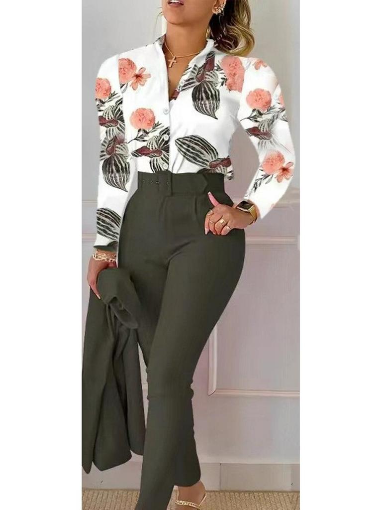 Принтованный топ с длинным рукавом и однотонный брючный костюм с поясом