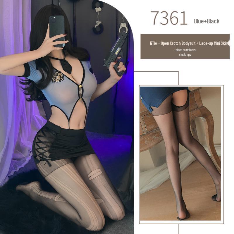 Night Piano Women's Sexy Police Uniform & Flight Attendant Lingerie Set - Cutout Bodysuit with Hip-Hugging Skirt, Style 7361.