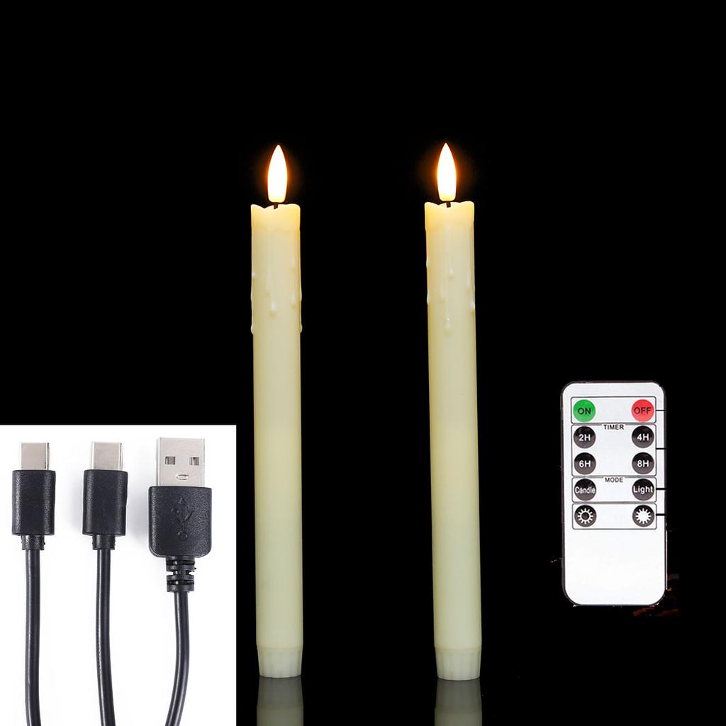 2 Pieces Remote Control Valentine's Day LED Candles USB Charge,25.5 Cm Beige Color Plastic Taper Rechargeable Candle Tear Drop
