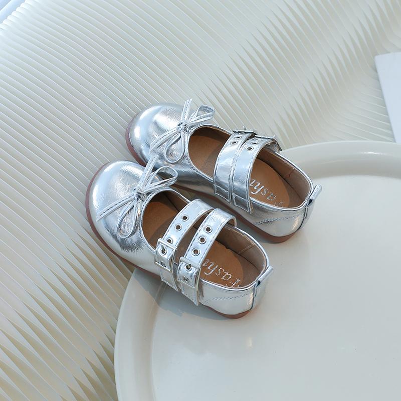 Children's Leather Shoes Fashion Causal Girls Silver Flat Shoes Spring Autumn Bowtie Kid Princess Ballet Shoes Shallow Versatile
