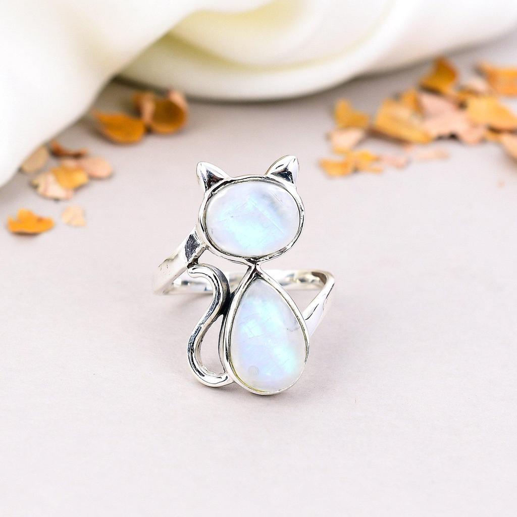 Кольцо с радужным лунным камнем из серебра 925 пробы для женщин